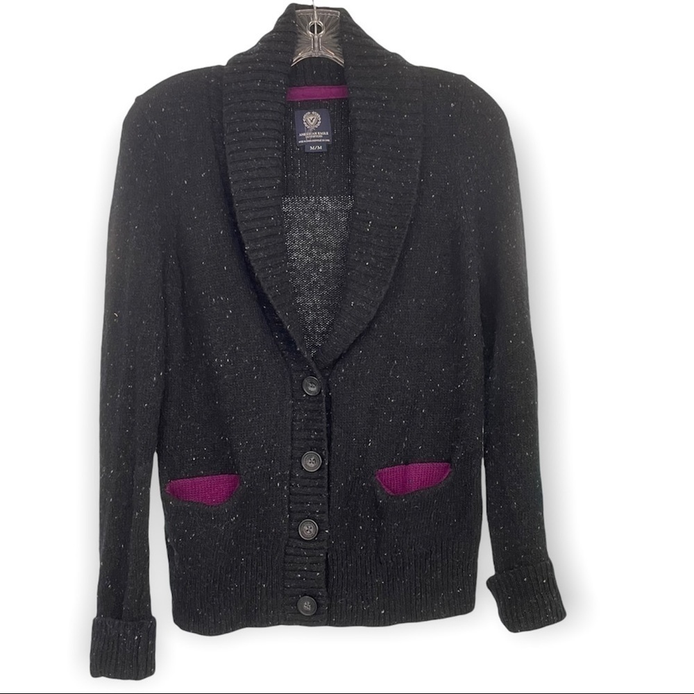 American Eagle Gray Nubby Button Down Cardigan w/purple trim, pockets, cowl neck
